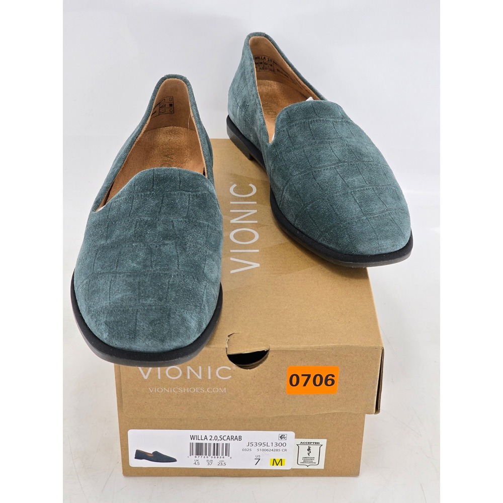 Vionic Willa 2.0 Loafers Womens 7 Scarab Green Suede Embossed - NEW